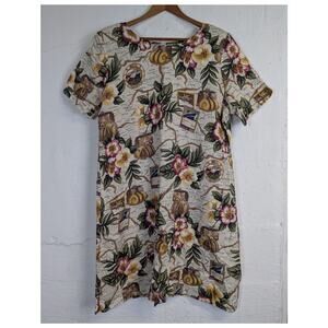 Vtg 90s Map Print Dress Travel Cruise Floral Nautical Vacation Resort Medium